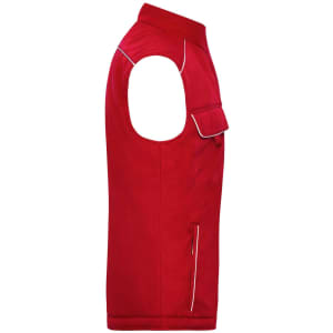 A red padded vest with a sleeveless design, featuring a pocket and a logo.