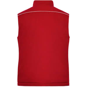 A red softshell padded vest with a high collar and white piping detail, featuring a logo.