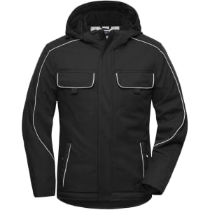 A black padded softshell jacket with a hood, featuring white piping and multiple pockets. The jacket includes a logo.