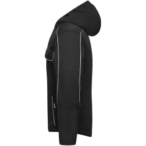 A black softshell padded jacket with a hood and side zip pockets. Features a logo and contrasting stitching.