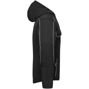 A black softshell padded jacket with a hood, featuring contrast piping and a side pocket.