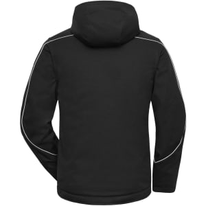 A black softshell padded jacket with a hood, featuring contrasting white piping along the seams and a logo.