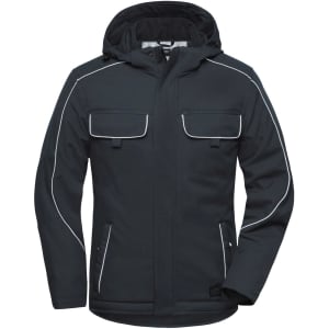 A padded workwear softshell jacket in dark grey with white trim and multiple pockets, featuring a hood and a logo.