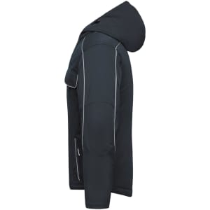 A black softshell padded jacket with a hood, featuring contrasting grey stitching and a logo.