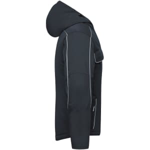 A padded softshell jacket in black, featuring a hood and contrasting stitching, with one visible logo.