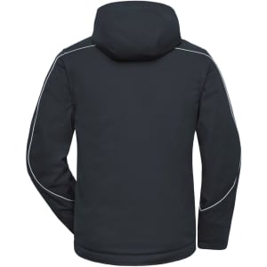 A padded workwear jacket in dark grey with a hood and reflective detailing on the sides. Features branding.