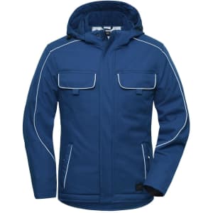 A padded work jacket in navy blue with a hood, featuring multiple pockets and contrast white piping.