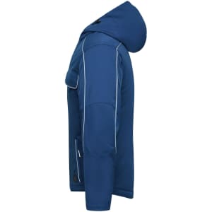 A blue softshell padded jacket with a hood, featuring side pockets and contrasting piping. It has a logo on it.