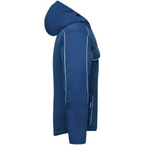 A blue softshell padded jacket with a hood, featuring contrasting piping and a logo on the sleeve.