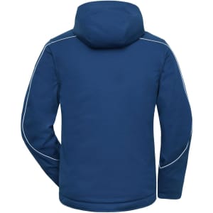 A blue softshell padded jacket with a hood and reflective piping on the shoulders, featuring a logo.
