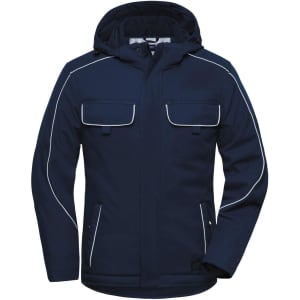 A navy softshell padded jacket featuring a hood and multiple pockets, with contrasting white piping details.