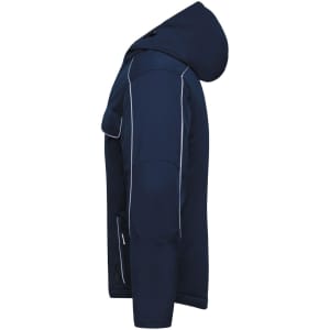 A padded jacket in navy blue with a hood and contrasting white stitching, featuring a side view and a logo.