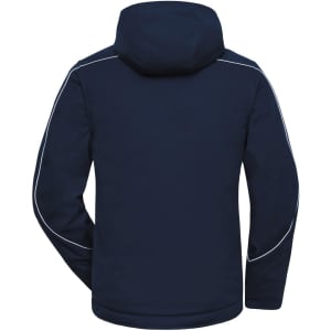 A padded softshell jacket in navy blue, featuring a hood and contrasting piping. It includes a logo.
