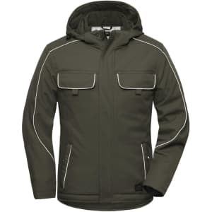 A softshell padded jacket in dark green featuring white piping, two chest pockets, and a hood.