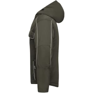 A softshell padded jacket in olive green with a hood, featuring a logo and white piping accents.
