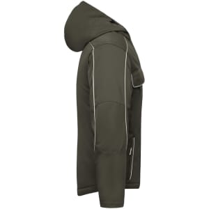 A padded work jacket in olive green with a hood and contrast stitching, featuring a logo on the chest.