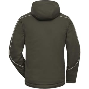 A padded work jacket in dark green with a hood and contrasting light trim, featuring a logo.