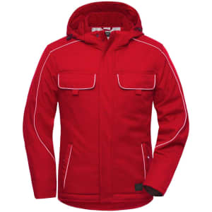 A red padded jacket with a hood and white piping, featuring multiple front pockets and a logo.