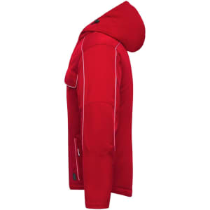 A red padded softshell jacket with a hood, featuring a logo and contrast stitching. Side view displayed.