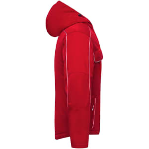 A red padded jacket with a hood, featuring contrasting piping and a logo.