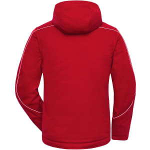 A red softshell padded jacket with a hood and white detailing on the back. It features a logo on the upper section.