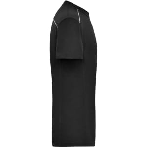 A black men's workwear T-shirt featuring short sleeves and contrast stitching along the shoulders.