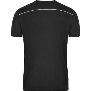 A black men's workwear t-shirt featuring a simple design with a reflective stripe across the back and a logo.