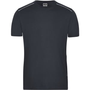 A dark navy men's workwear t-shirt with short sleeves and a logo on the side.
