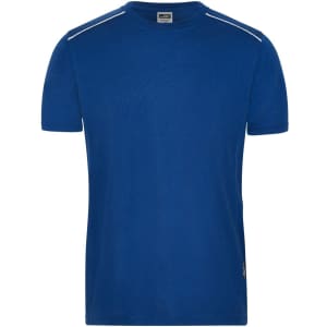 A blue men's workwear t-shirt featuring short sleeves and a logo on the side.
