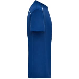 A blue men's workwear T-shirt with a crew neck and short sleeves, featuring a logo.