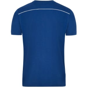 A blue men's workwear T-shirt with a simple design and a logo on the back. Features a white accent line.