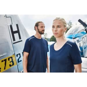 A navy blue men's workwear T-shirt displayed on a model, featuring a simple design with a logo.