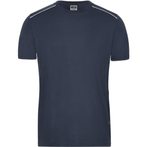 A navy blue men's workwear T-shirt featuring a simple design and shoulder detailing, with a logo on the side.