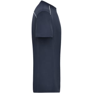 A men's workwear T-shirt in navy with short sleeves and a logo on the front.