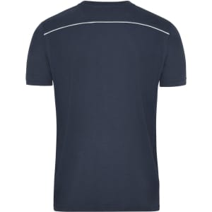 A navy blue men's workwear t-shirt featuring a simple design and a reflective logo on the back.
