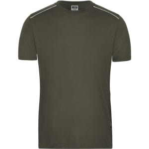 A short-sleeve men's workwear t-shirt in olive green with subtle shoulder accents and a logo.