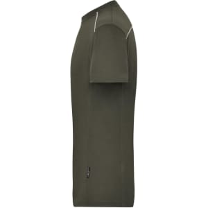 A green men's workwear t-shirt with short sleeves and a side view showcasing its design and fit.