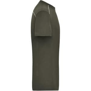 A men's workwear T-shirt in olive green with short sleeves and contrasting stitching. It features a logo.