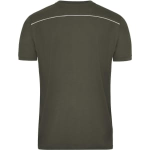 A men's workwear T-shirt in olive green, featuring a simple design and a logo on the back.