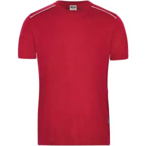 A red men's workwear t-shirt with short sleeves and a logo. Features contrasting details on the shoulders.