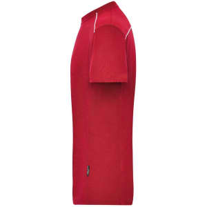 A red men's workwear t-shirt featuring a fitted design and contrasting stitching. It has a logo on the side.