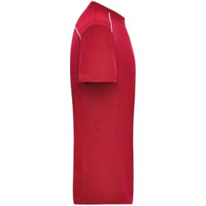 A red men's workwear T-shirt featuring short sleeves and white piping along the shoulders. It has a logo on the chest.