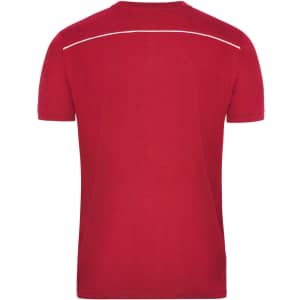 A red men's workwear T-shirt featuring a simple design and a logo on the front.