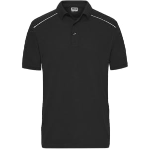 A black men's work polo shirt featuring a collar and subtle detailing, with a logo on the chest.