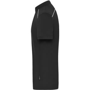 A black men's work polo shirt with a fitted design and contrasting detailing along the shoulders.