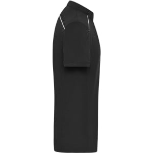 A black men's workwear polo shirt featuring short sleeves and a logo.