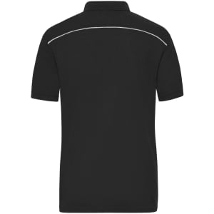 A black men's work polo shirt featuring a classic collar and a logo on the back.