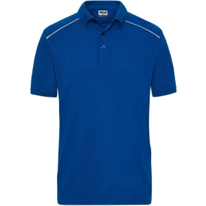 A blue men's work polo shirt with a collared neckline and a logo on the chest.