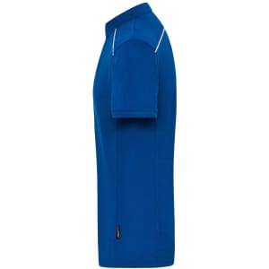 A side view of a blue work polo shirt featuring a collar and stitching details, with a logo on the front.