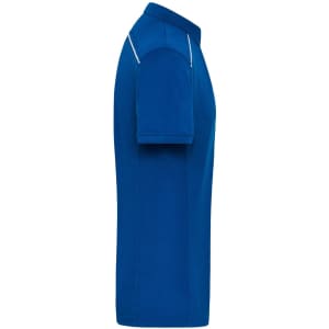 A side view of a blue men's work polo shirt featuring a collar and a logo on the chest.